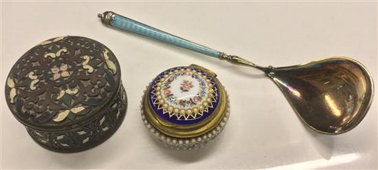 An enamelled spoon and two boxes